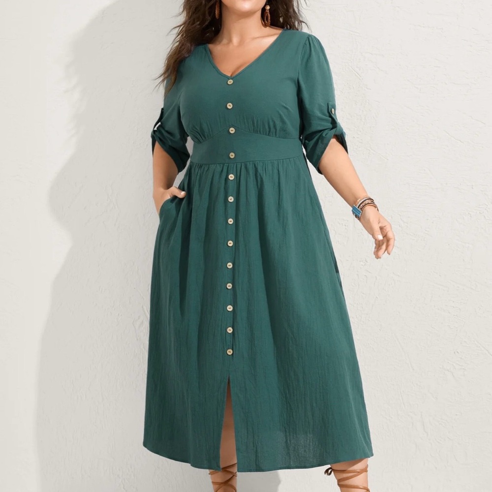 BloomChic Pure Cotton Button-Front Gathered Sleeve MIDI Dress in Teal